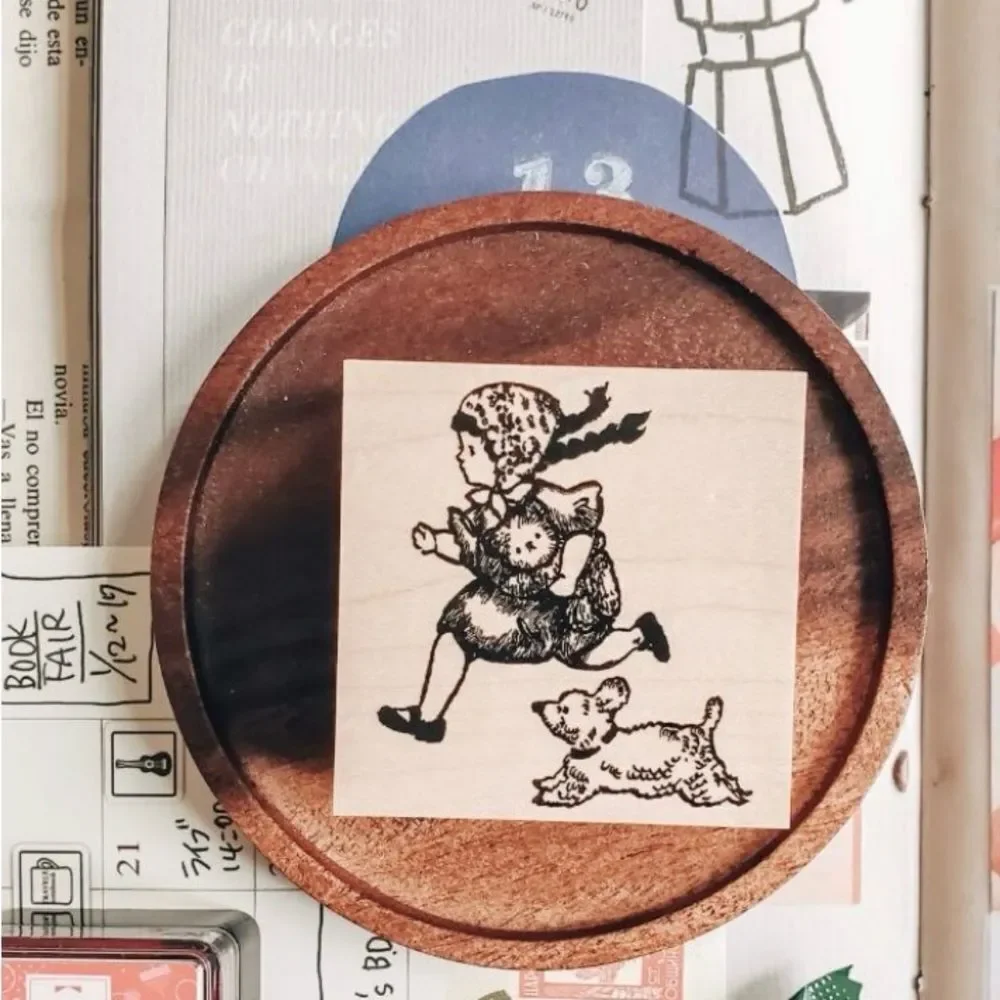 Krimgen Vintage Wooden Stamp with Girl and Dog Design NEW